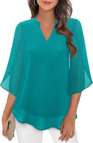 Bebonnie Womens Tops Dressy Casual Ruffle 3/4 Sleeve V Neck Double Layers Chiffon Blouses Tops