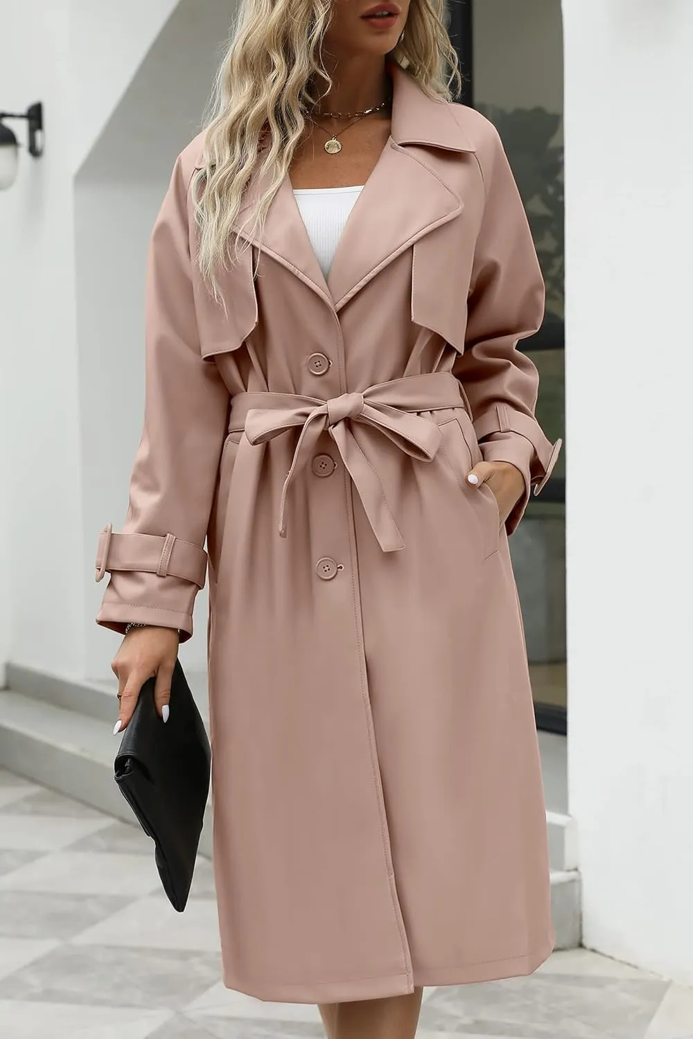 Bellivera Women Trench Coat Long Loose Jacket Faux PU Leather Oversize Classic Lapel Overcoat with Belt