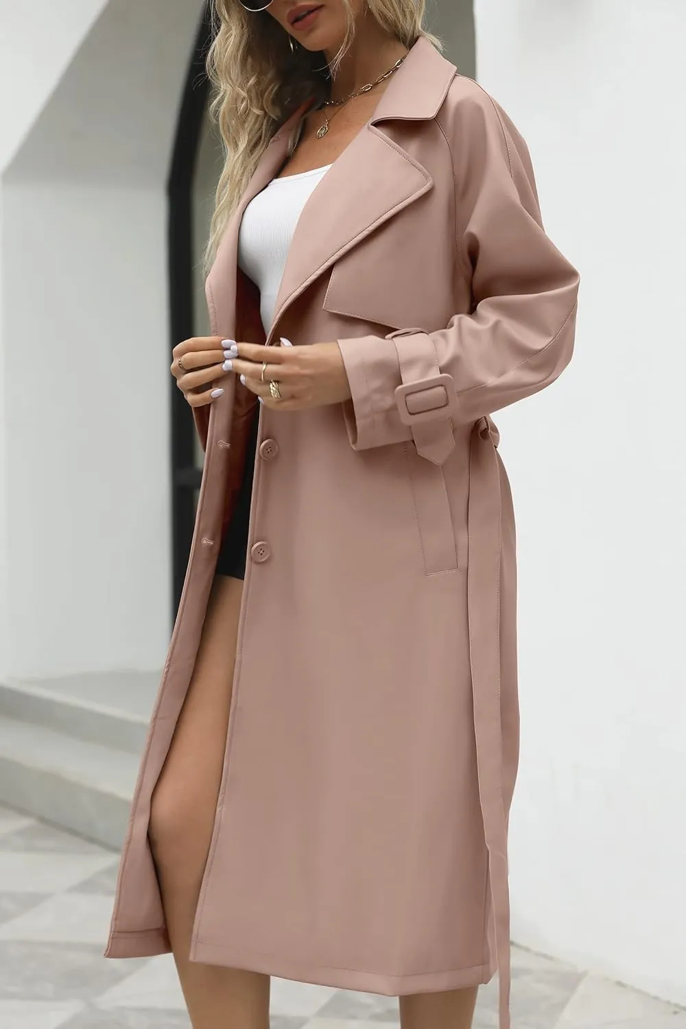 Bellivera Women Trench Coat Long Loose Jacket Faux PU Leather Oversize Classic Lapel Overcoat with Belt