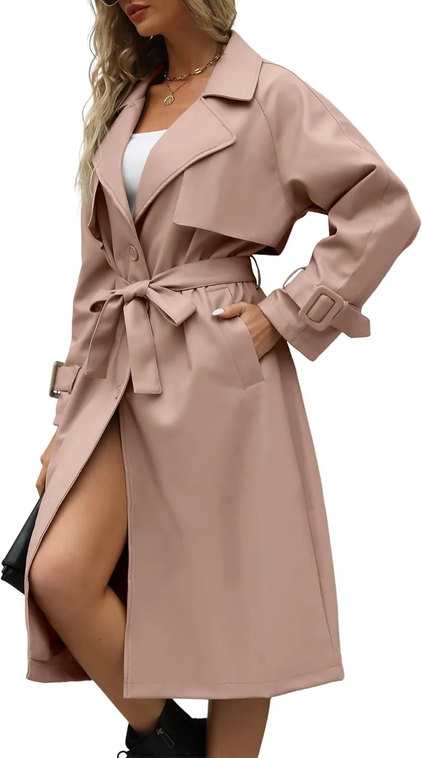Bellivera Women Trench Coat Long Loose Jacket Faux PU Leather Oversize Classic Lapel Overcoat with Belt