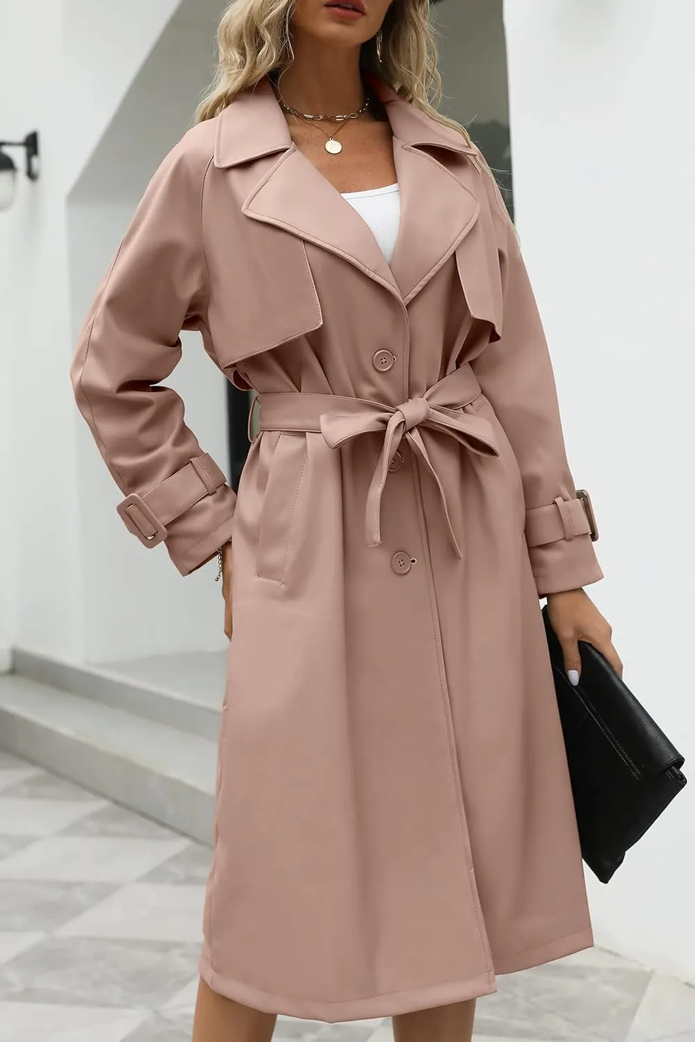 Bellivera Women Trench Coat Long Loose Jacket Faux PU Leather Oversize Classic Lapel Overcoat with Belt