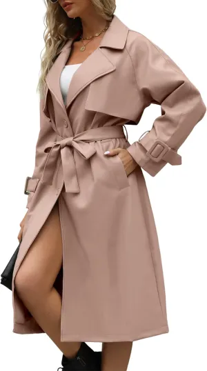 Bellivera Women Trench Coat Long Loose Jacket Faux PU Leather Oversize Classic Lapel Overcoat with Belt