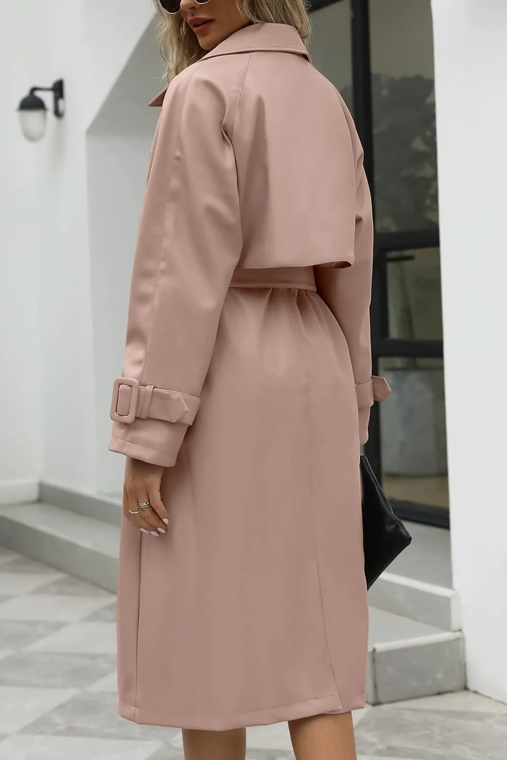 Bellivera Women Trench Coat Long Loose Jacket Faux PU Leather Oversize Classic Lapel Overcoat with Belt