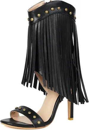 Betastella Womens Open Toe Stiletto High Heels Fringe Cowboy Sandals Vintage Studded Summer Ankle Cowgirl Boots Elegant Dress Shoes