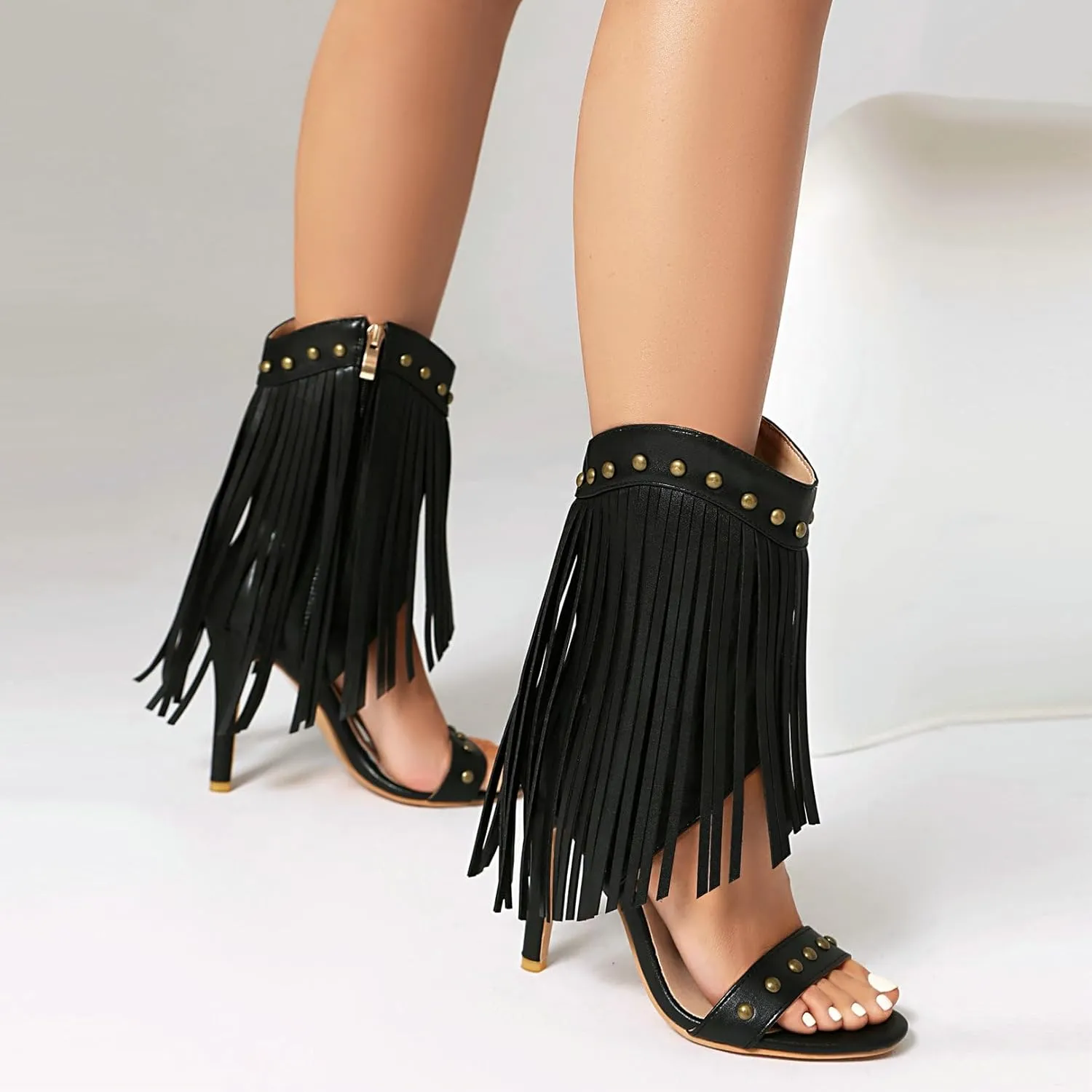Betastella Womens Open Toe Stiletto High Heels Fringe Cowboy Sandals Vintage Studded Summer Ankle Cowgirl Boots Elegant Dress Shoes