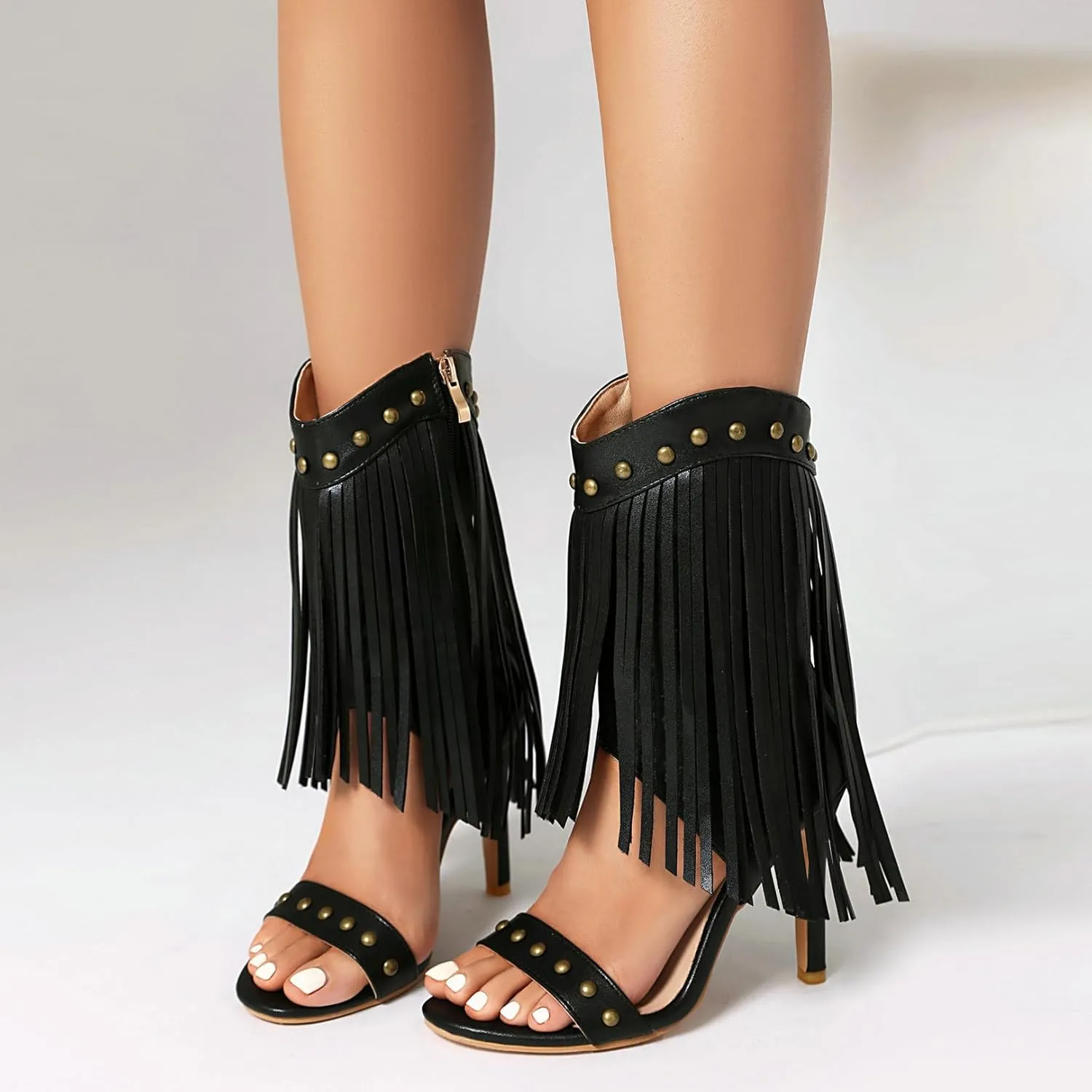 Betastella Womens Open Toe Stiletto High Heels Fringe Cowboy Sandals Vintage Studded Summer Ankle Cowgirl Boots Elegant Dress Shoes