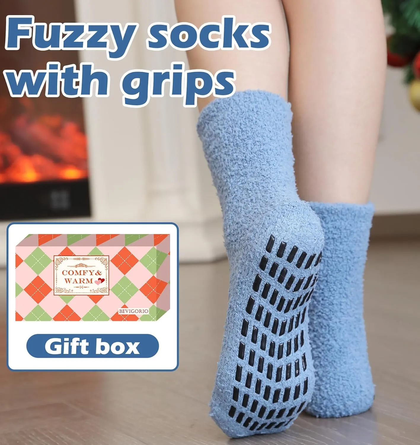 Bevigorio Non Slip Slipper Socks for Women Hospital Fuzzy Socks with Grips Cozy Grippy Winter Warm Gifts