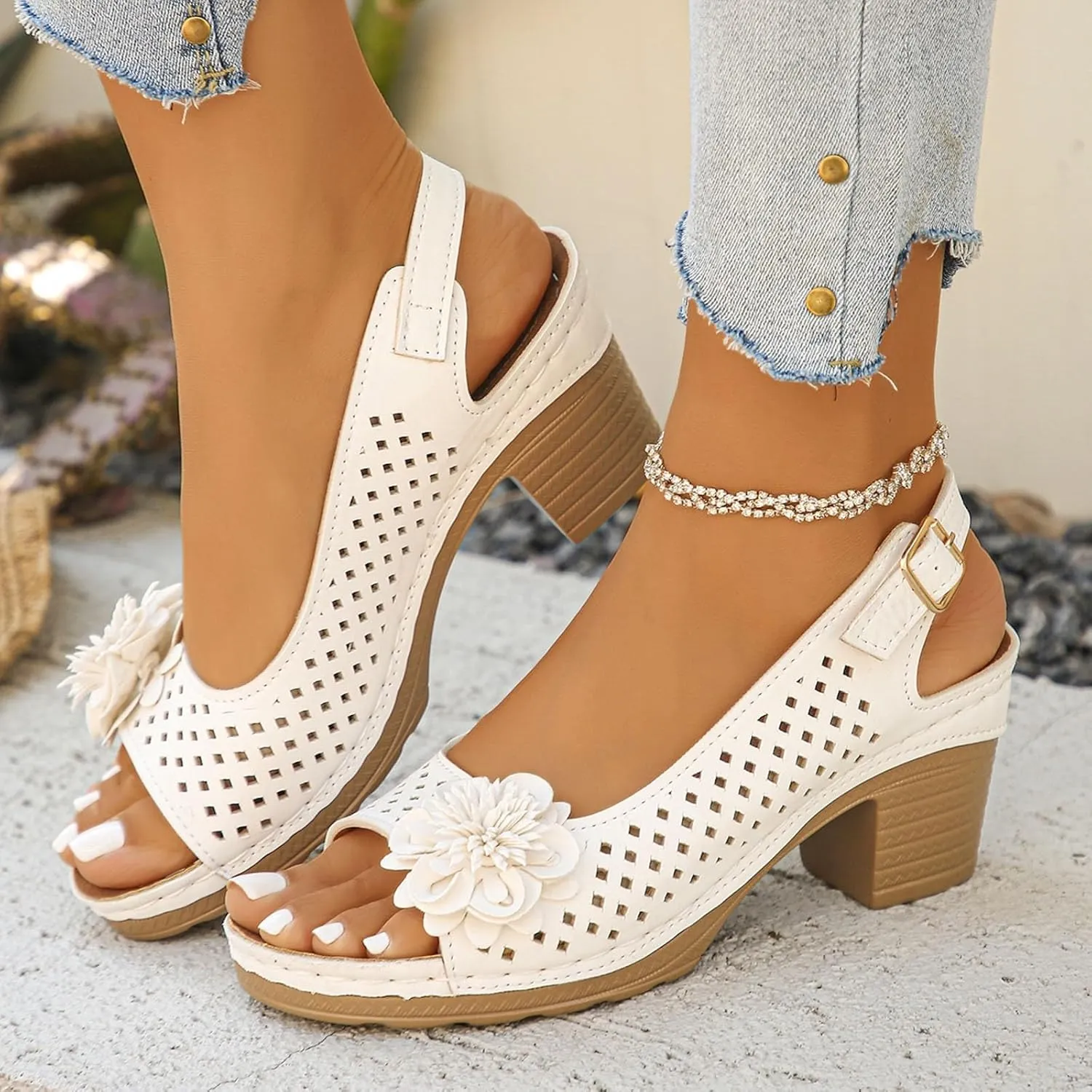 Block Heel Sandals For Women,Women's Heeled Sandals 2025 Summer Open Toe Ankle Buckle Strap Chunky Womens High Heels Fish Mouth Flowers Casual Hollow Out Non Slip Platform Fashion Shoes