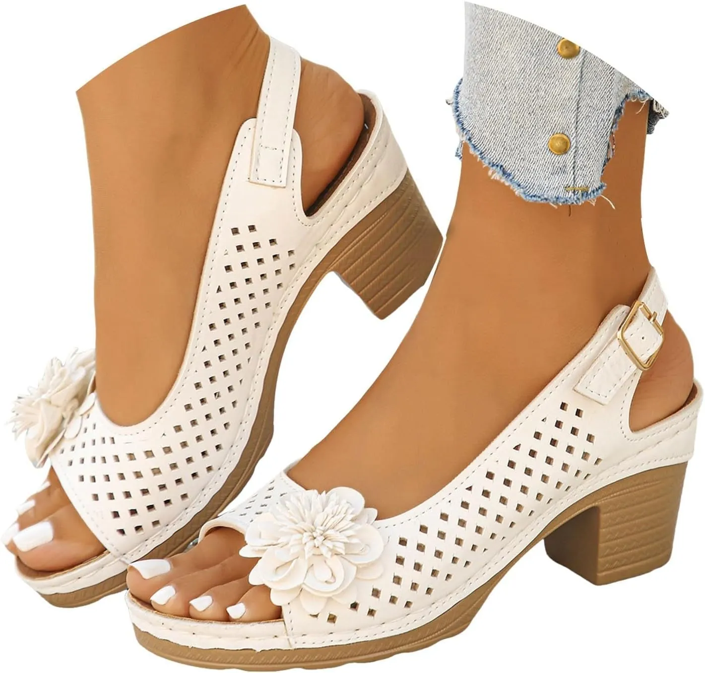 Block Heel Sandals For Women,Women's Heeled Sandals 2025 Summer Open Toe Ankle Buckle Strap Chunky Womens High Heels Fish Mouth Flowers Casual Hollow Out Non Slip Platform Fashion Shoes