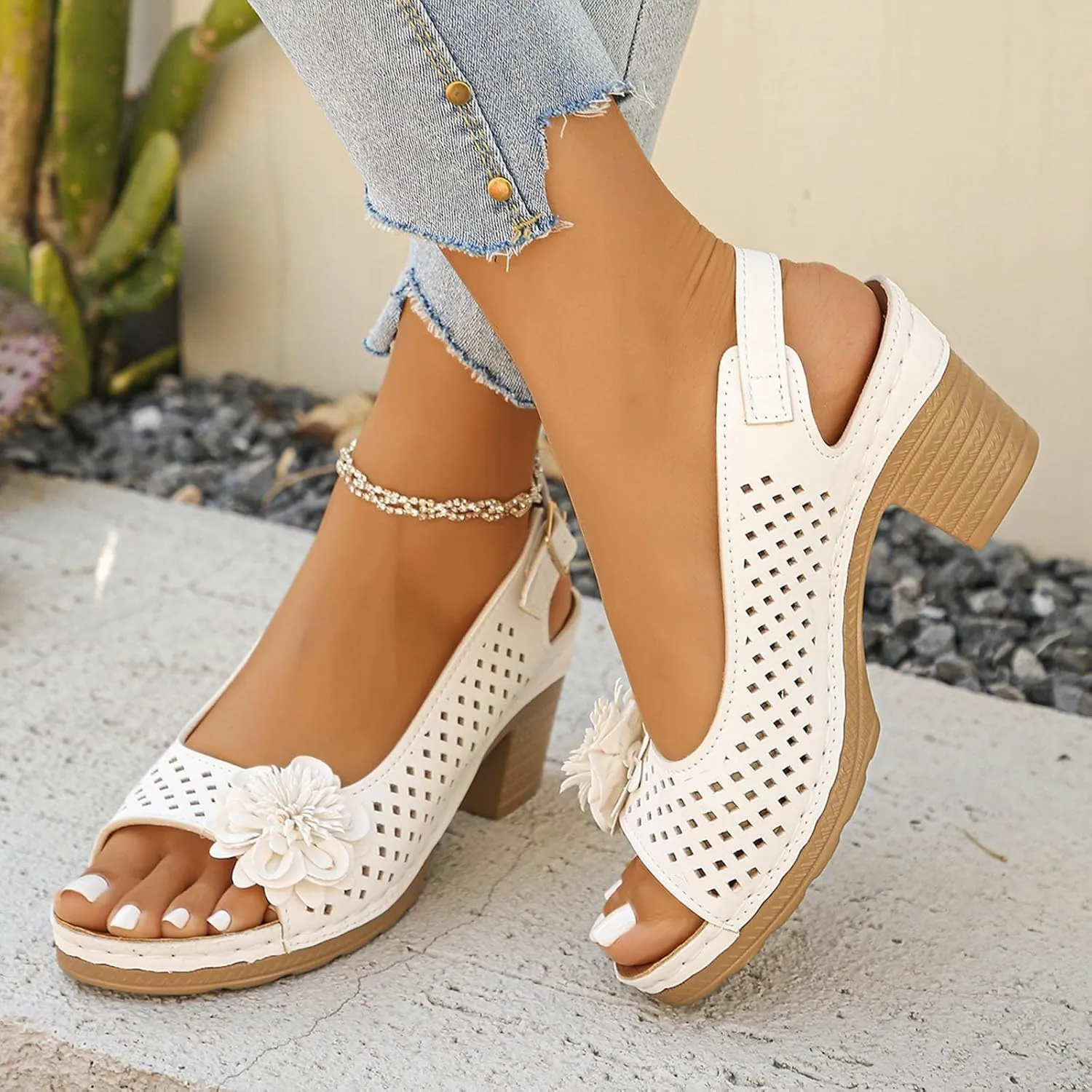 Block Heel Sandals For Women,Women's Heeled Sandals 2025 Summer Open Toe Ankle Buckle Strap Chunky Womens High Heels Fish Mouth Flowers Casual Hollow Out Non Slip Platform Fashion Shoes