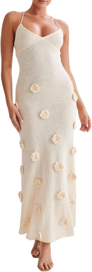 Bowanadacles Woman Summer 3D Flower Spaghetti Strap Knit Midi Dress Solid Color Slim Fit Long Dress Tie Up Back Beach Dress
