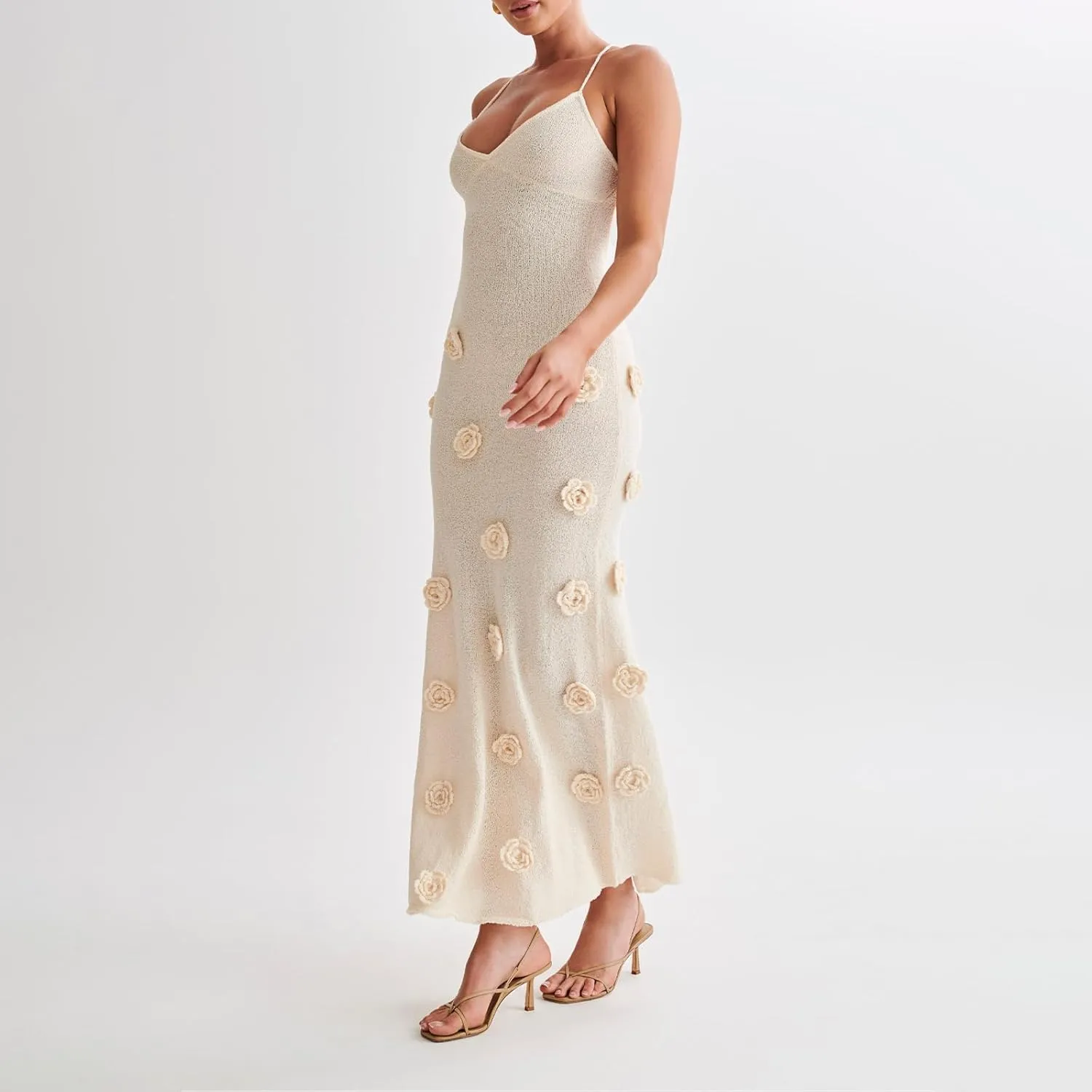 Bowanadacles Woman Summer 3D Flower Spaghetti Strap Knit Midi Dress Solid Color Slim Fit Long Dress Tie Up Back Beach Dress