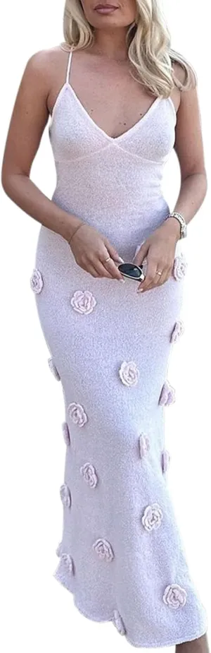 Bowanadacles Woman Summer 3D Flower Spaghetti Strap Knit Midi Dress Solid Color Slim Fit Long Dress Tie Up Back Beach Dress