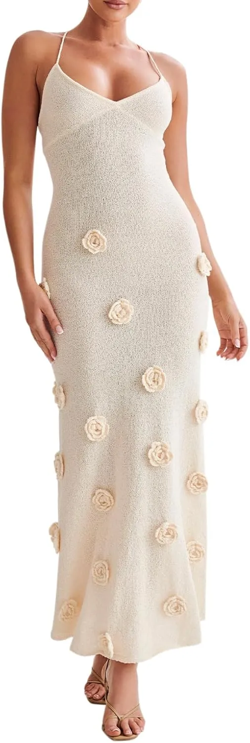 Bowanadacles Woman Summer 3D Flower Spaghetti Strap Knit Midi Dress Solid Color Slim Fit Long Dress Tie Up Back Beach Dress