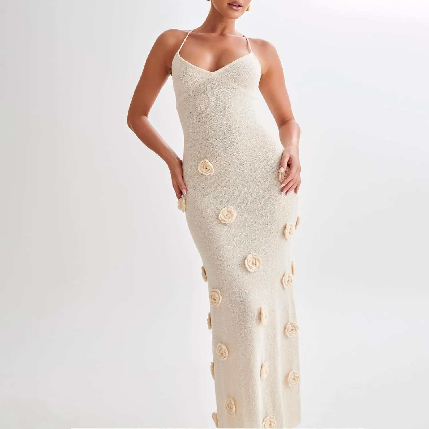 Bowanadacles Woman Summer 3D Flower Spaghetti Strap Knit Midi Dress Solid Color Slim Fit Long Dress Tie Up Back Beach Dress