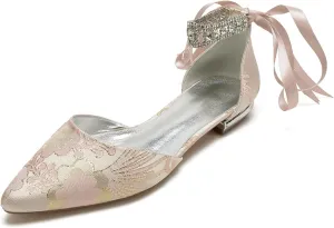 Bride Pump Women Low Heel Sandals Wedding Shoes Flat Heel Closed Pointed Toe Bridal Shoes Comfortable Ankle Strap Bowknot Floral Ballet,Pink,9