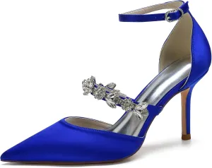 Bride Shoes for Wedding Women's Ankle Strap Silk Pointed-Toe High Heel Shoes Comfortable Mid Heels Pumps Evening Party Shoes 8.5Cm