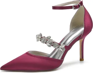 Bride Shoes for Wedding Women's Ankle Strap Silk Pointed-Toe High Heel Shoes Comfortable Mid Heels Pumps Evening Party Shoes 8.5Cm