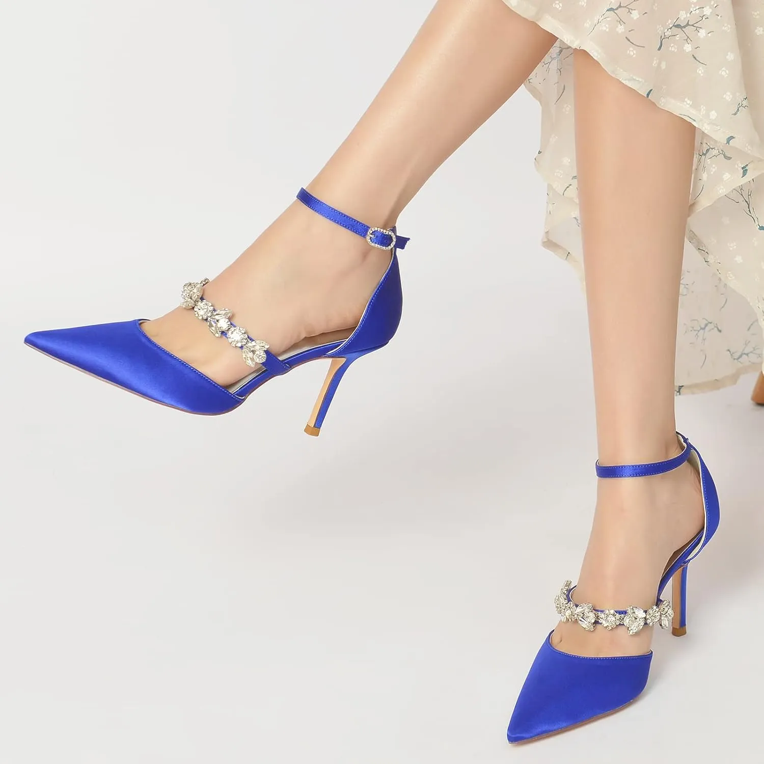 Bride Shoes for Wedding Women's Ankle Strap Silk Pointed-Toe High Heel Shoes Comfortable Mid Heels Pumps Evening Party Shoes 8.5Cm
