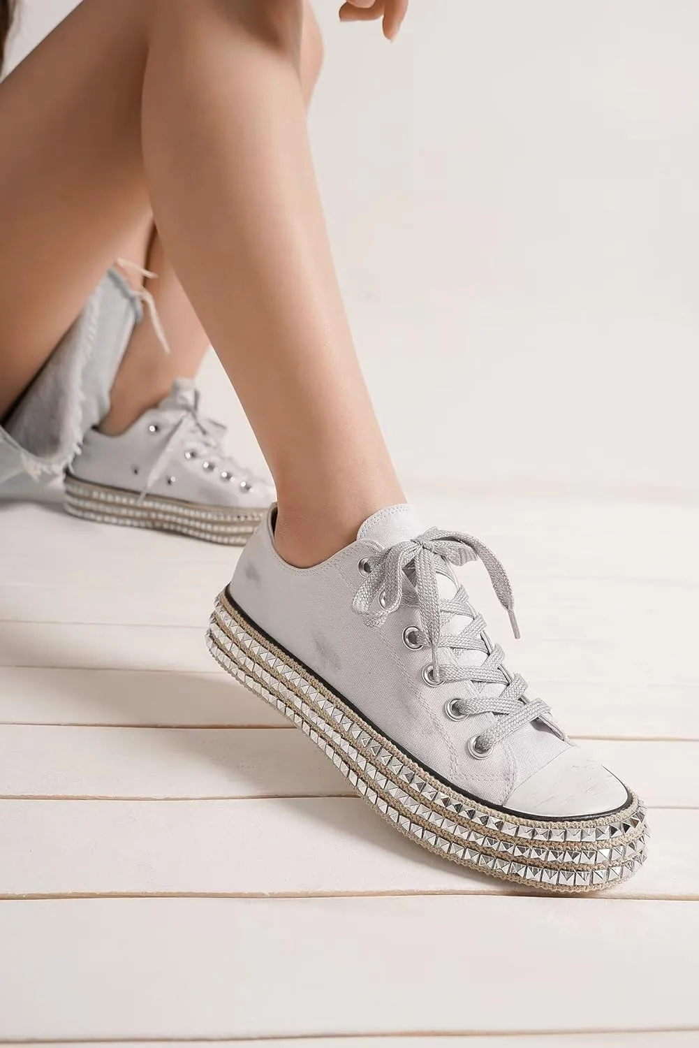 Canvas Sneakers Studded Rhinestone Side Shoes Lace Up Fashion Shoes Casual Platform Ankle Boots for Women Girls