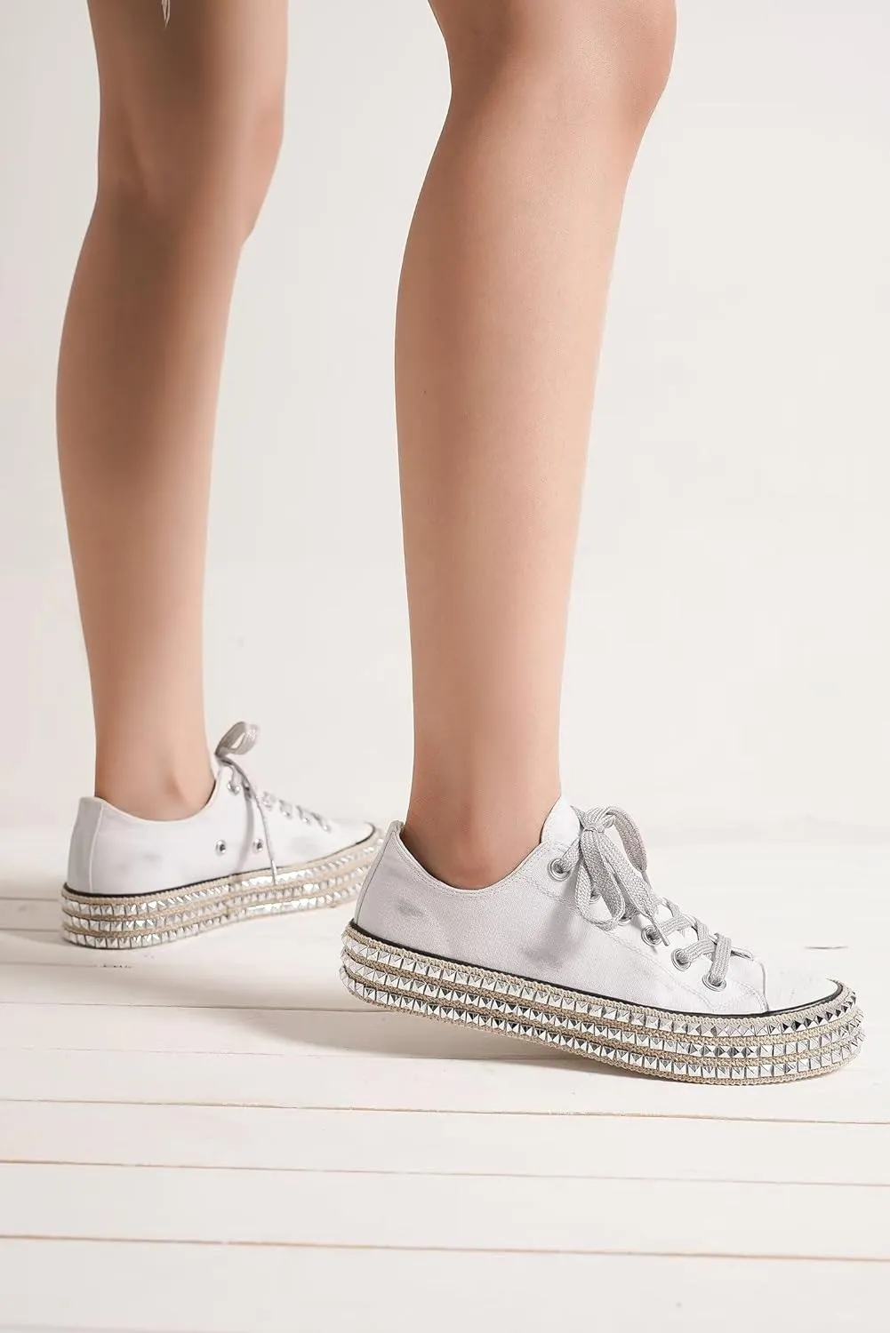 Canvas Sneakers Studded Rhinestone Side Shoes Lace Up Fashion Shoes Casual Platform Ankle Boots for Women Girls