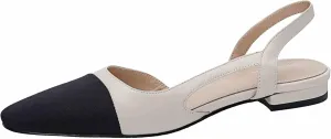 Cap Toe Sandals Leather for Women, Two Tone Closed Toed Slingback Slip On Low Heel Flats