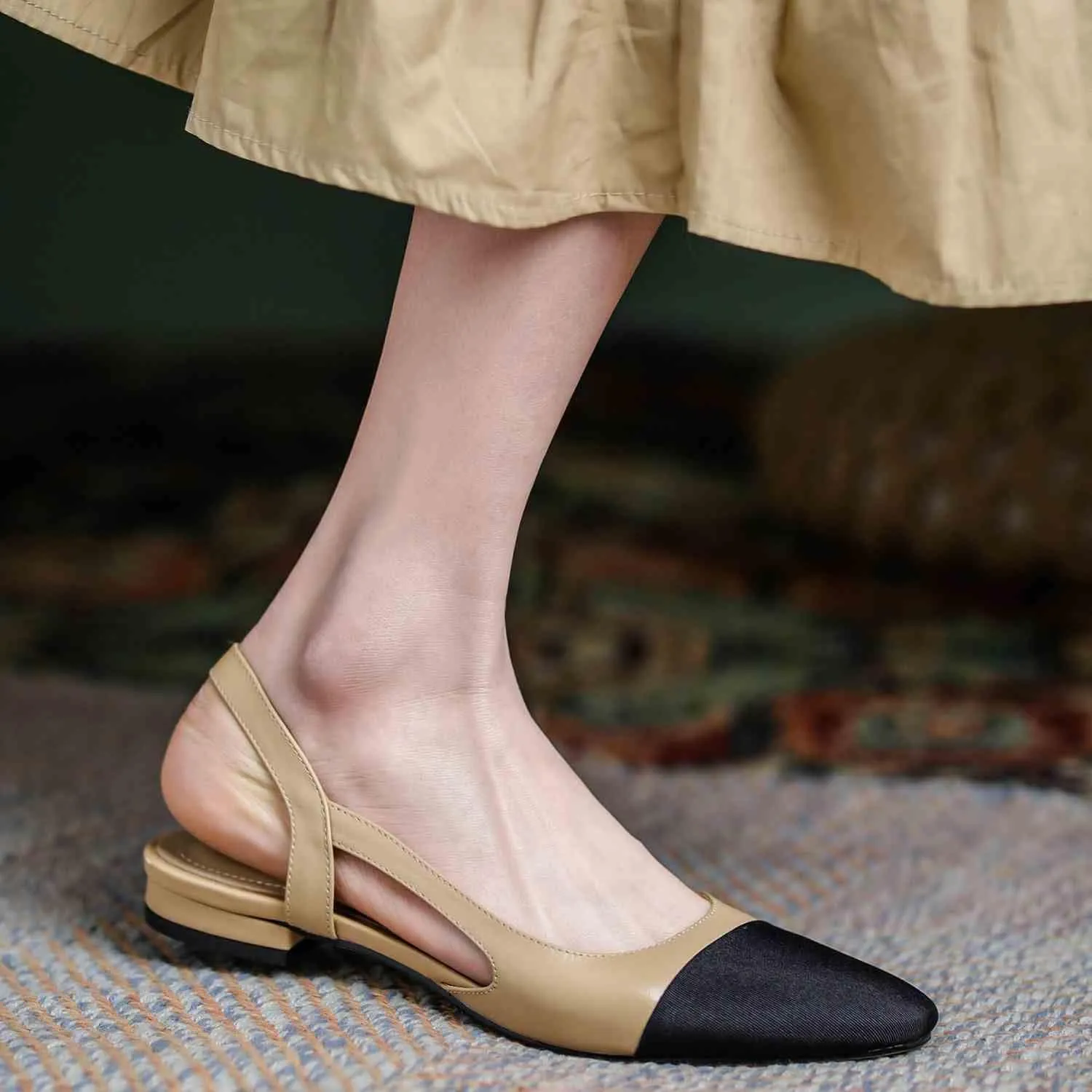 Cap Toe Sandals Leather for Women, Two Tone Closed Toed Slingback Slip On Low Heel Flats