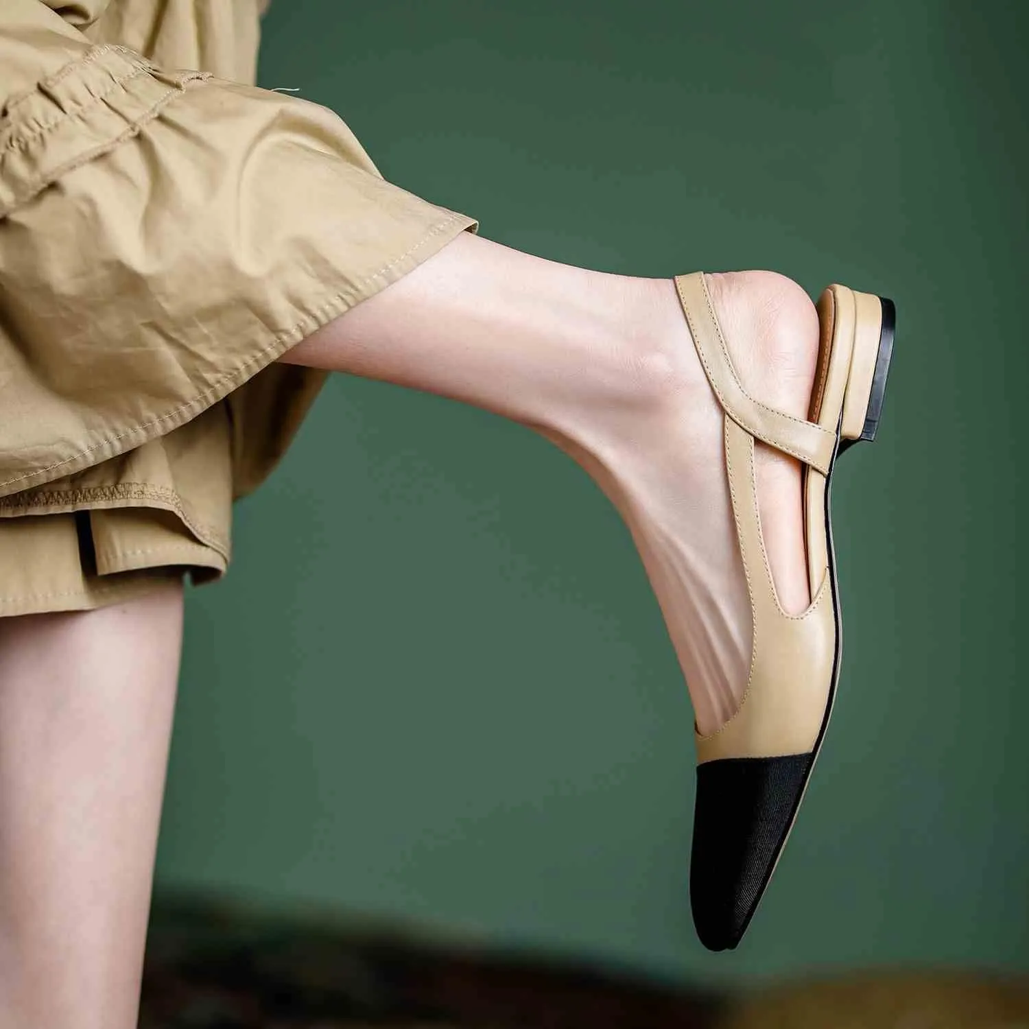 Cap Toe Sandals Leather for Women, Two Tone Closed Toed Slingback Slip On Low Heel Flats