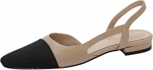 Cap Toe Sandals Leather for Women, Two Tone Closed Toed Slingback Slip On Low Heel Flats