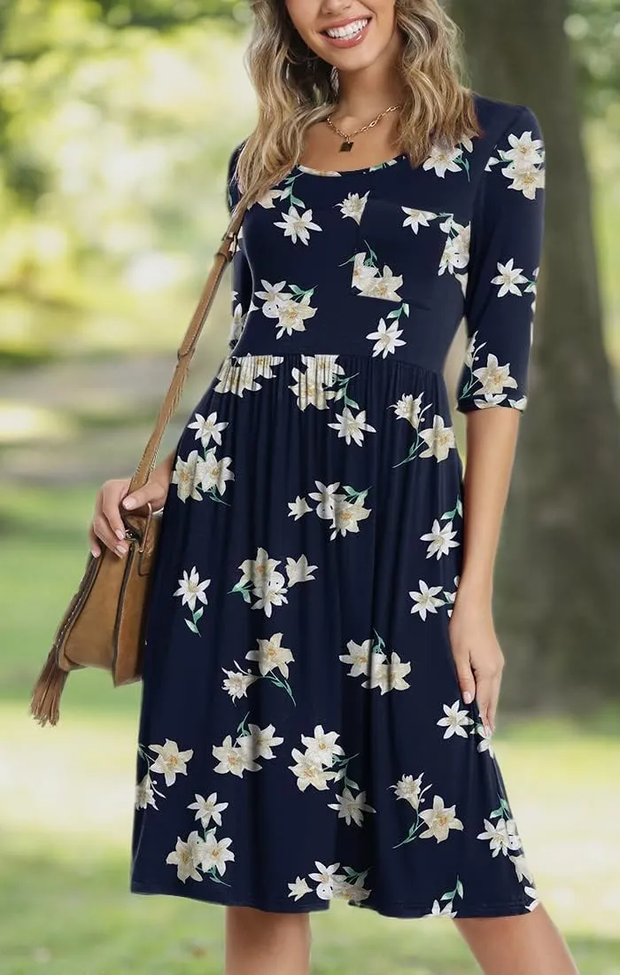 CATHY Women's 3/4 Sleeve 2025 Casual High Waist Round Neck Midi Dress with Pockets
