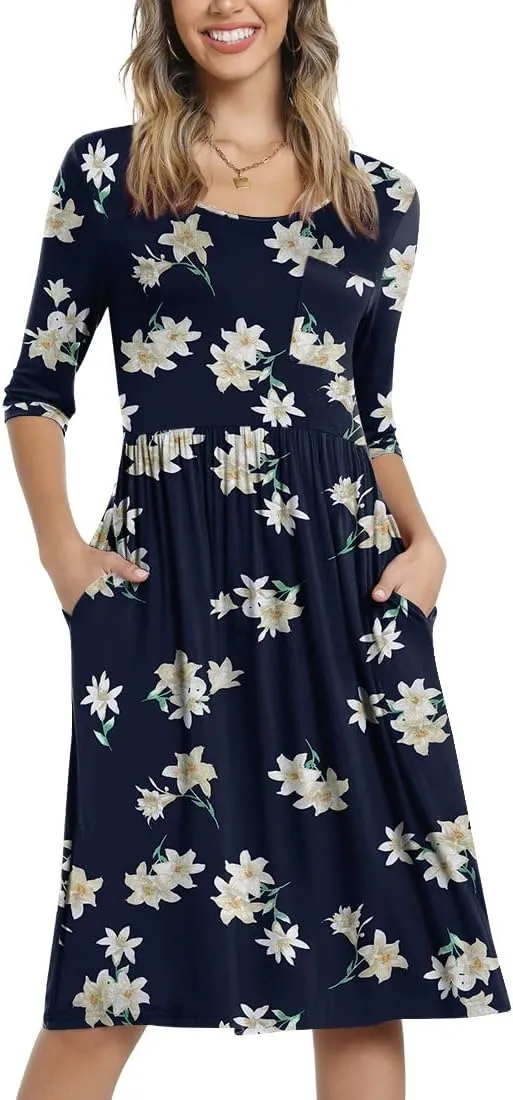 CATHY Women's 3/4 Sleeve 2025 Casual High Waist Round Neck Midi Dress with Pockets