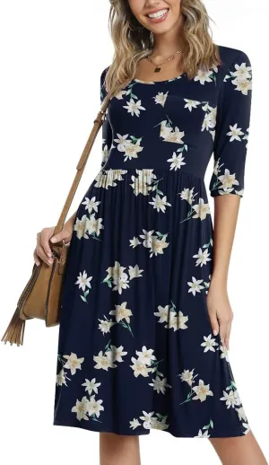CATHY Women's 3/4 Sleeve 2025 Casual High Waist Round Neck Midi Dress with Pockets