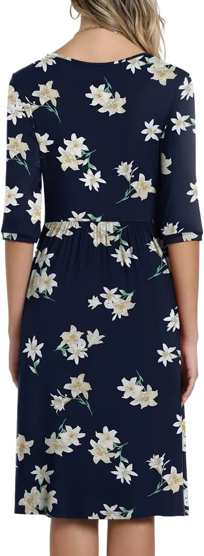 CATHY Women's 3/4 Sleeve 2025 Casual High Waist Round Neck Midi Dress with Pockets
