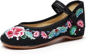 Chinese Embroidered Shoes for Women Round Toe Mary Jane Shoes Handmade Floral Slip On Loafers Comfort Walking Flats