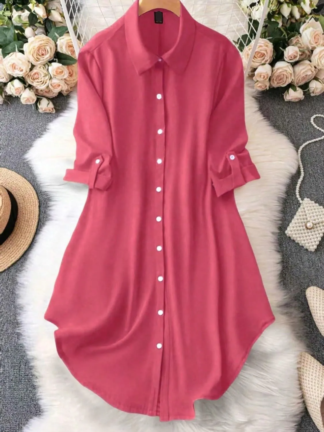 Color Roll-Up Sleeve Single-Breasted Casual Shirt Dress