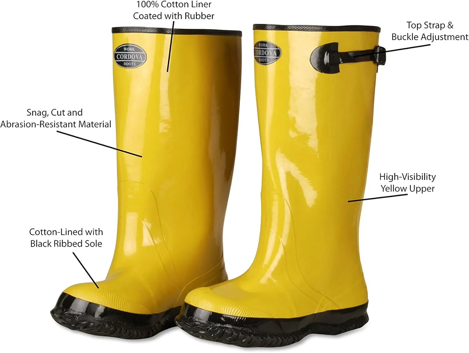 Cordova BYS17 Hi-Vis Cotton-Lined Rubber Slush Boots, 17-Inch Length, Ozone Resistant, Adjustable Top Strap, Size 14