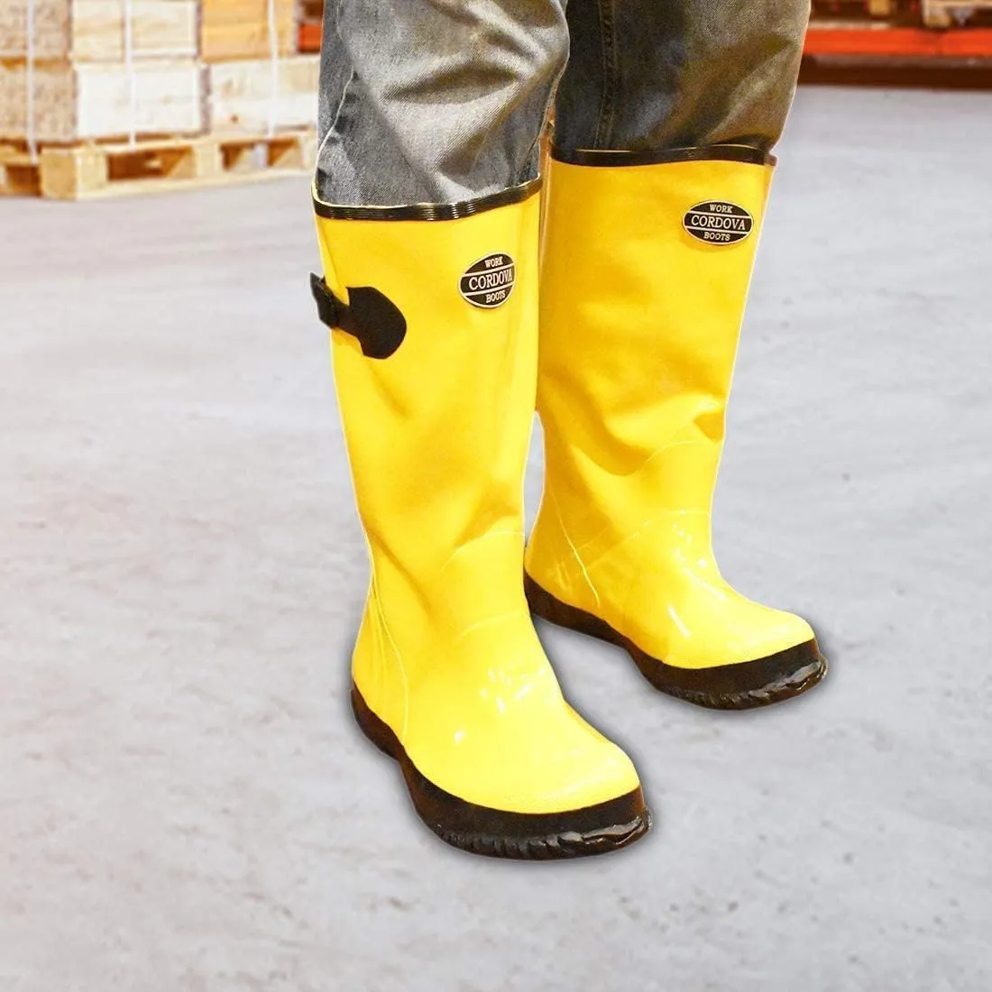 Cordova BYS17 Hi-Vis Cotton-Lined Rubber Slush Boots, 17-Inch Length, Ozone Resistant, Adjustable Top Strap, Size 14