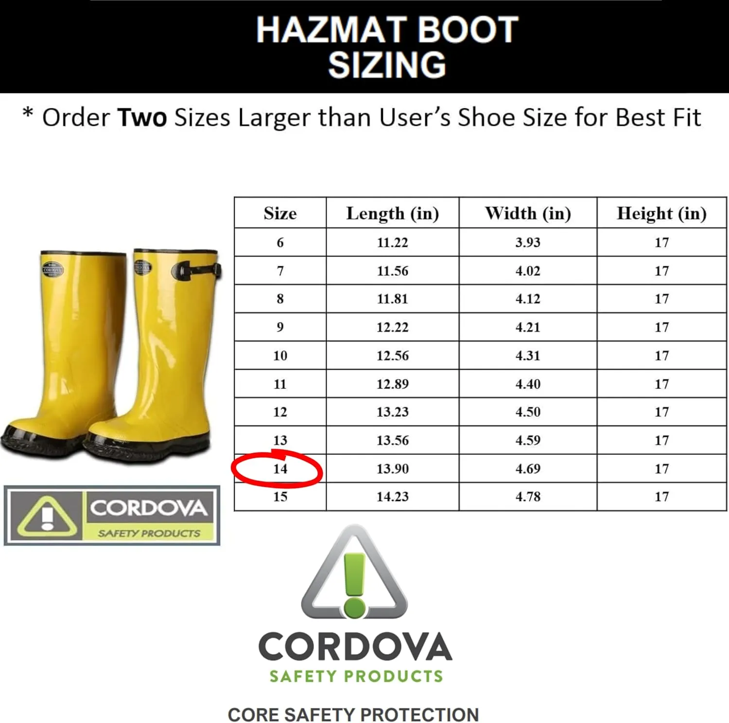 Cordova BYS17 Hi-Vis Cotton-Lined Rubber Slush Boots, 17-Inch Length, Ozone Resistant, Adjustable Top Strap, Size 14
