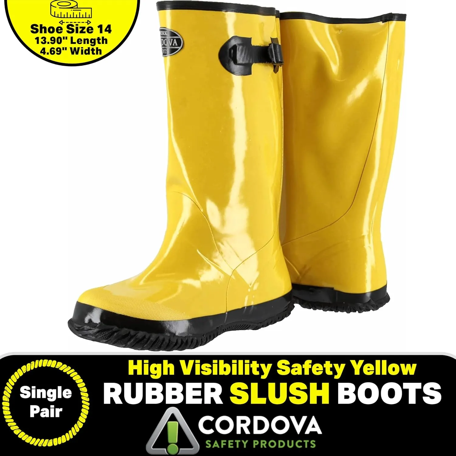 Cordova BYS17 Hi-Vis Cotton-Lined Rubber Slush Boots, 17-Inch Length, Ozone Resistant, Adjustable Top Strap, Size 14