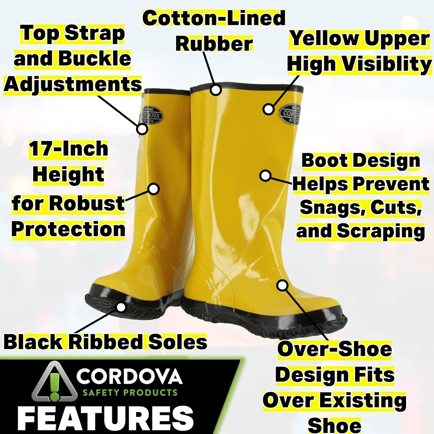Cordova BYS17 Hi-Vis Cotton-Lined Rubber Slush Boots, 17-Inch Length, Ozone Resistant, Adjustable Top Strap, Size 14