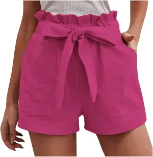 Cotton Linen Shorts for Women Summer 2024 Casual Tie Waist Wide Leg Lounge Shorts Beach Vacation Paperbag Shorts