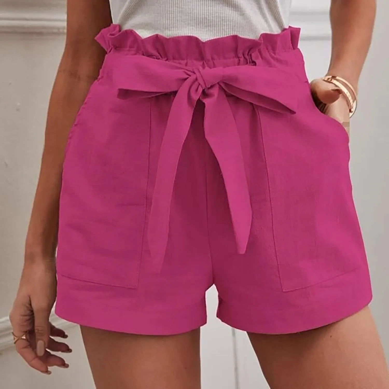 Cotton Linen Shorts for Women Summer 2024 Casual Tie Waist Wide Leg Lounge Shorts Beach Vacation Paperbag Shorts