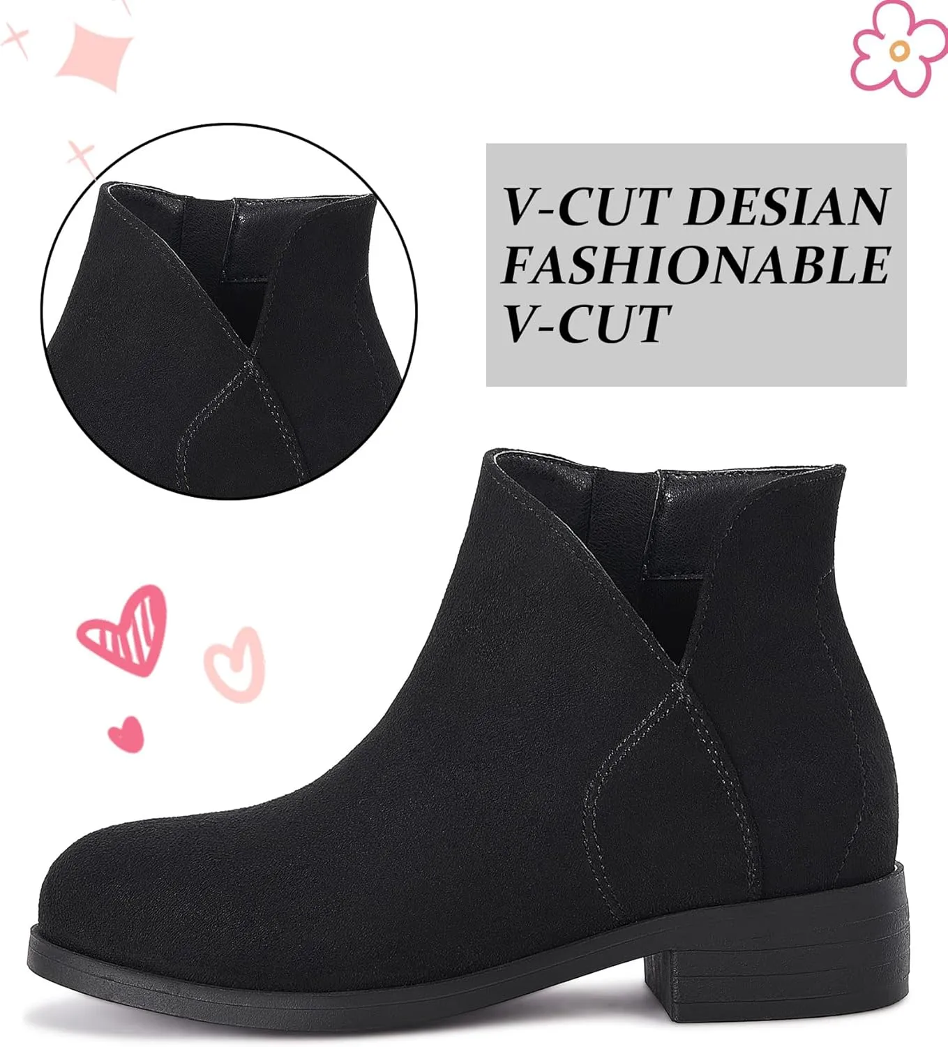 Coutgo Girls V Cutout Ankle Boots Chunky Low Heels Zipper Dress Booties for Toddler/Little/Big Kid