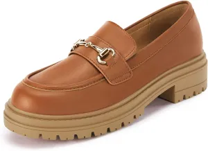 Coutgo Womens Chunky Platform Loafers Low Heel Flats Lug Sole Slip On Penny Loafers Office Work Dress Shoes with Chain