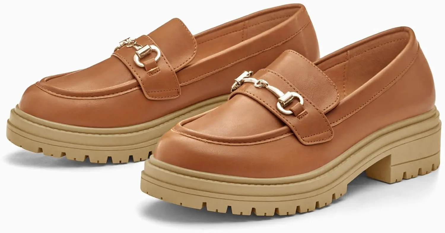 Coutgo Womens Chunky Platform Loafers Low Heel Flats Lug Sole Slip On Penny Loafers Office Work Dress Shoes with Chain