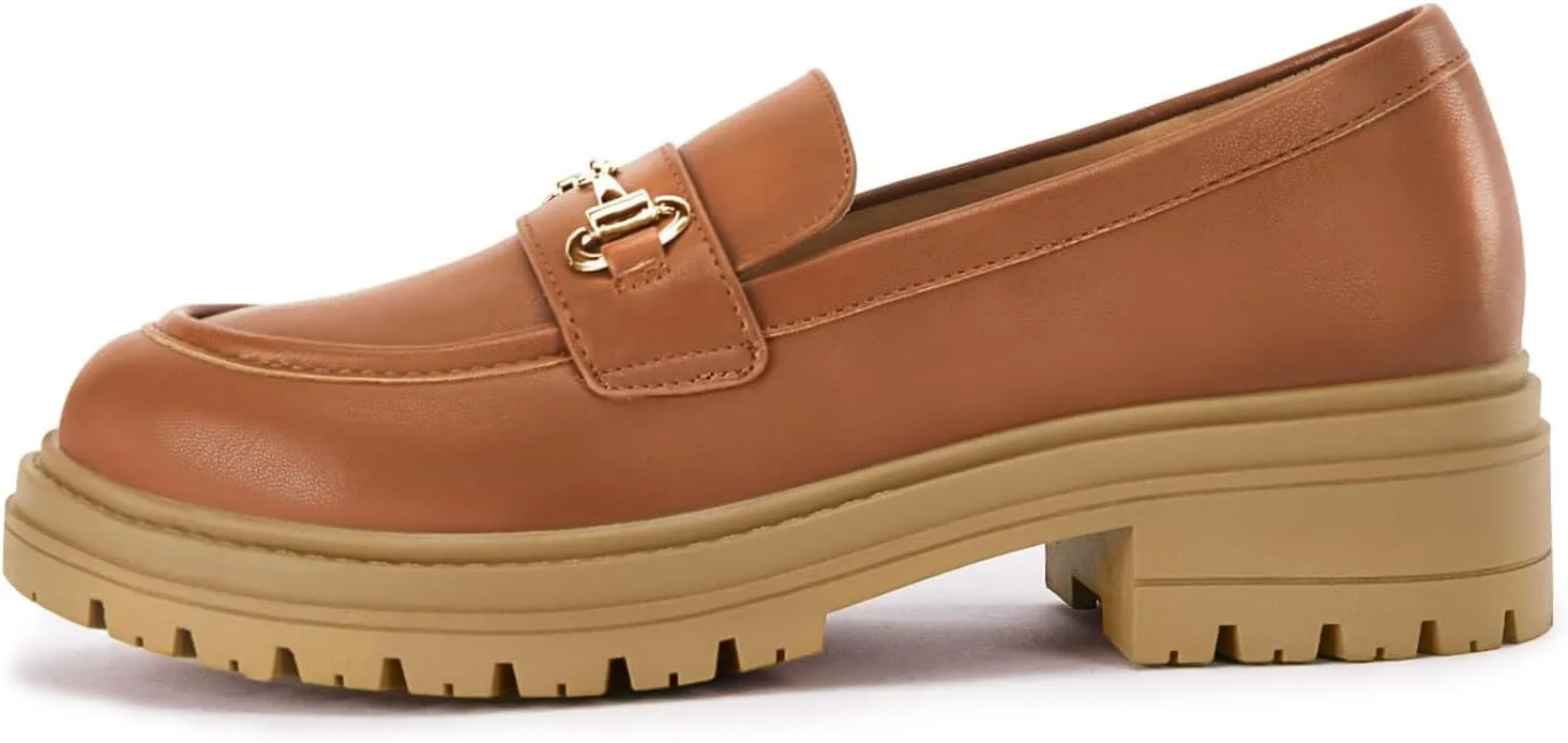 Coutgo Womens Chunky Platform Loafers Low Heel Flats Lug Sole Slip On Penny Loafers Office Work Dress Shoes with Chain