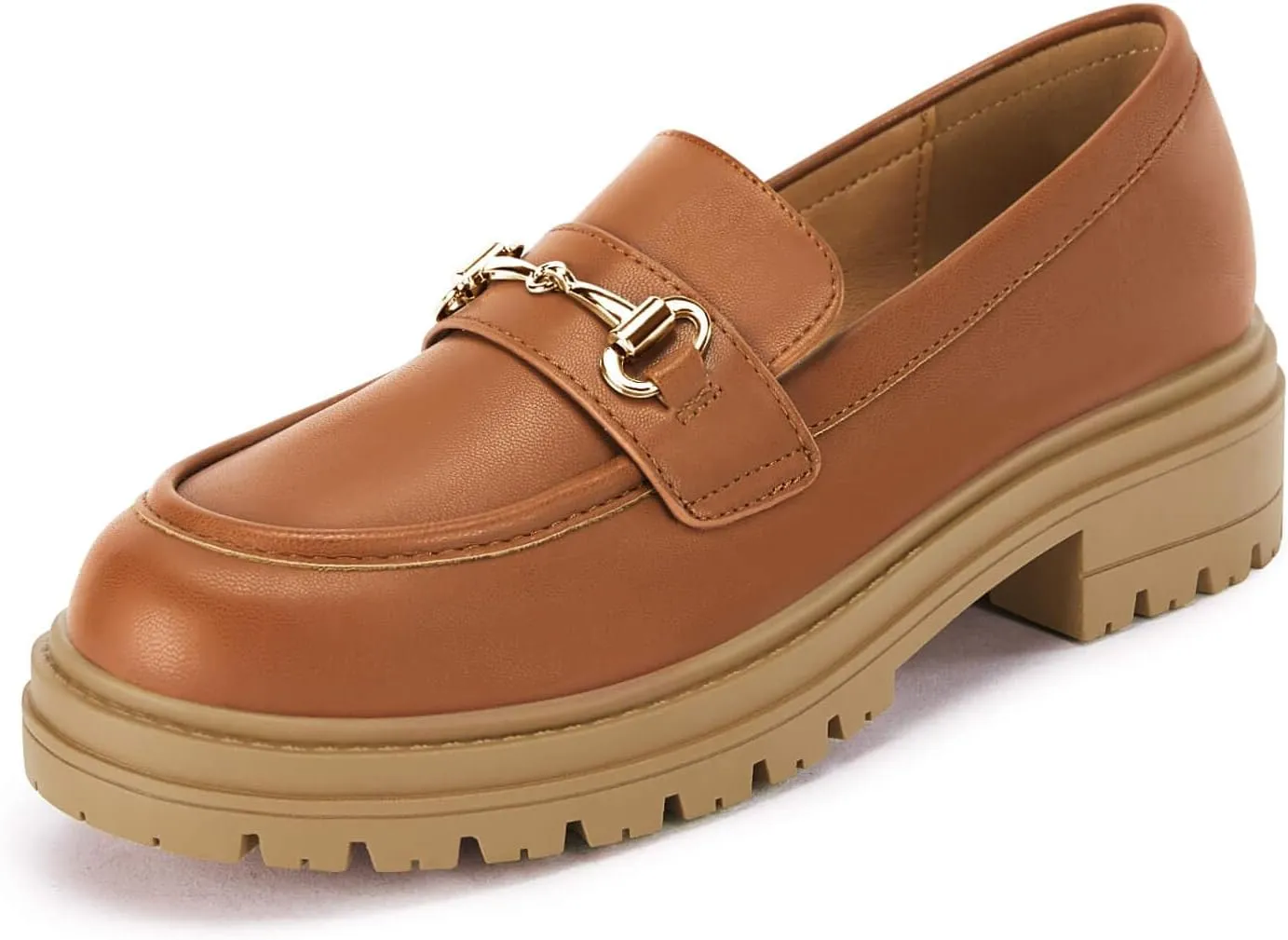 Coutgo Womens Chunky Platform Loafers Low Heel Flats Lug Sole Slip On Penny Loafers Office Work Dress Shoes with Chain