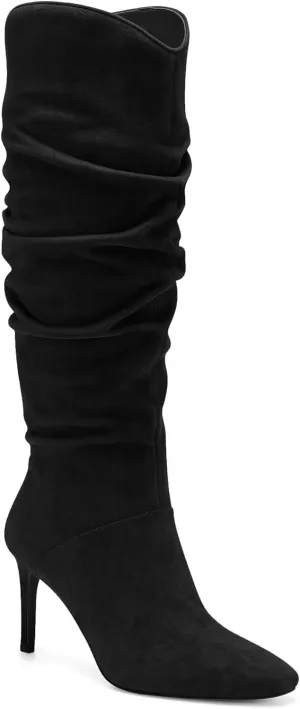 Coutgo Womens Knee High Boots Faux Suede Almond Toe Stiletto High Heel Slouchy Side Zipper Booties