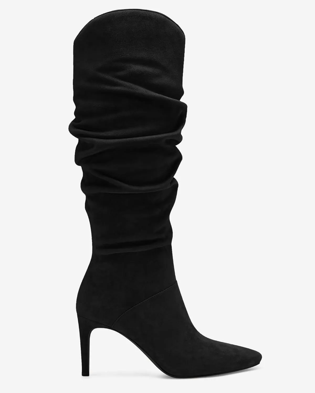 Coutgo Womens Knee High Boots Faux Suede Almond Toe Stiletto High Heel Slouchy Side Zipper Booties