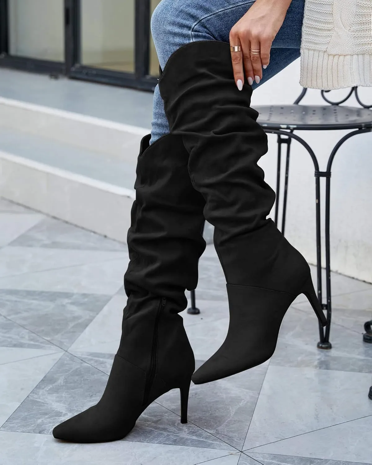 Coutgo Womens Knee High Boots Faux Suede Almond Toe Stiletto High Heel Slouchy Side Zipper Booties